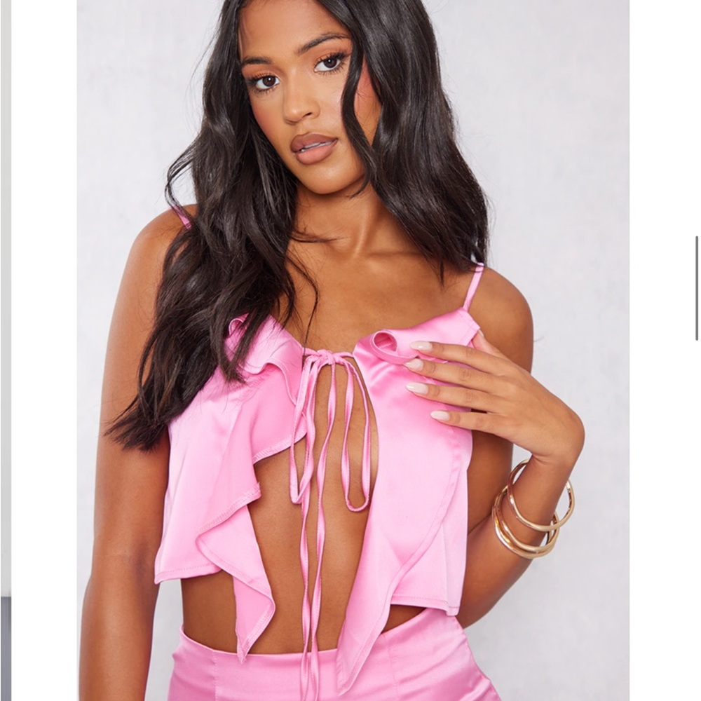 Pink Ruffle Tie-Front Top Frill Detail Cami